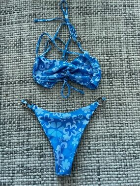 Blue Floral Halter Bikini Top and Bottom Set